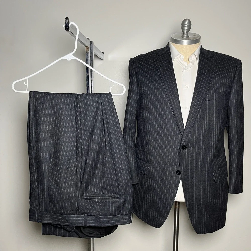 Custom Tailored 2-Piece Suit Mens 44R 42W Charcoal‎ Grey Pinstripe Wool Business